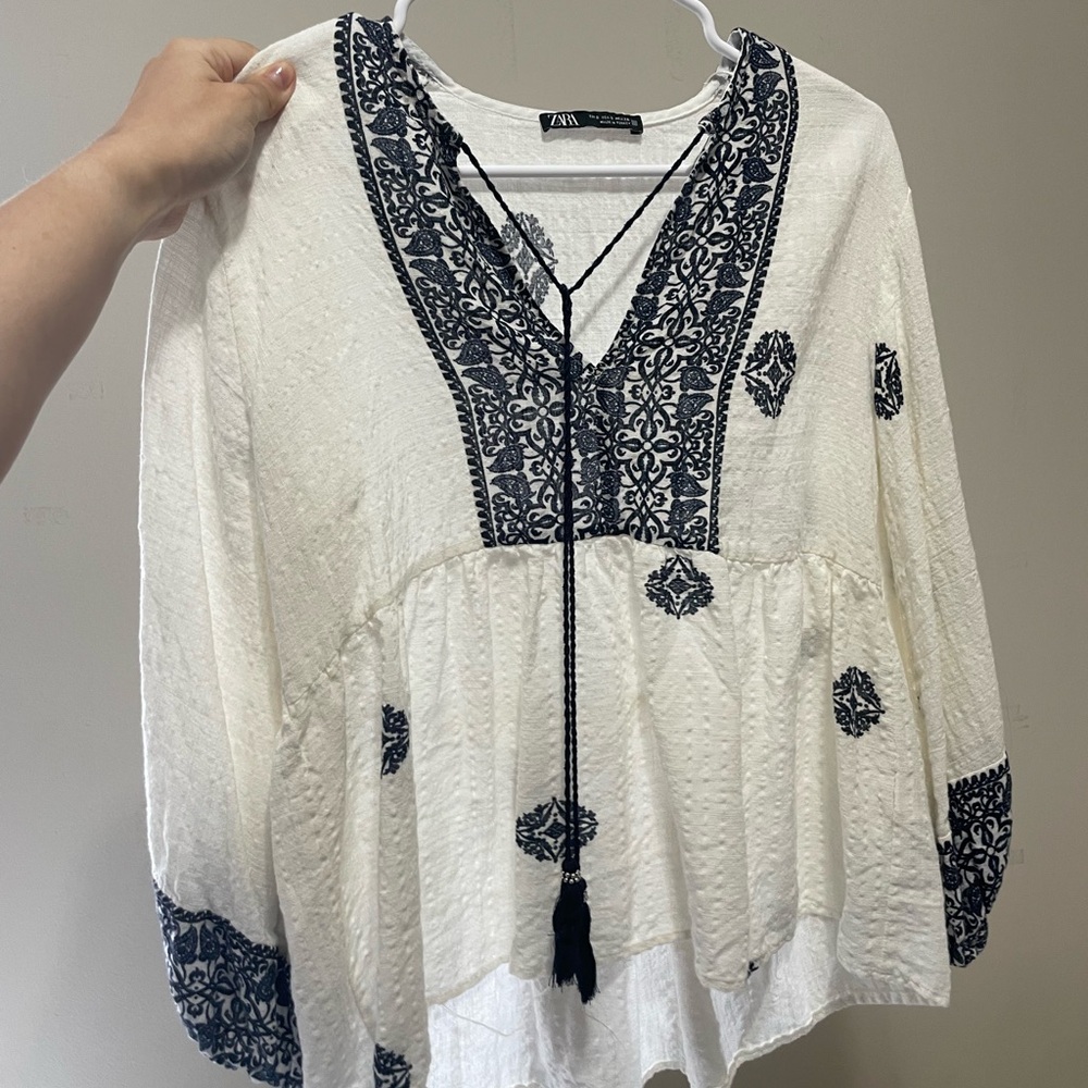 Zara White Cream Smocked 3/4 Sleeve Blouse
